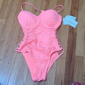 One piece pink Lace bathing suit